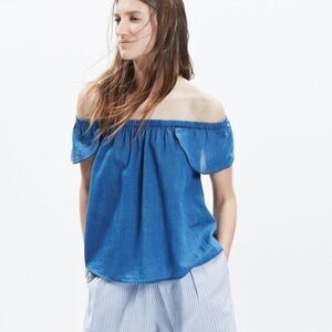 Madewell Chambray Indigo Blue Cotton Off the Shoulder Blouse Top Flutter Sleeve
